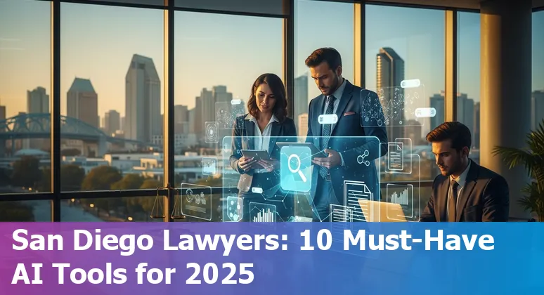 Lawyer using AI tools on laptop with San Diego skyline in background, showing legal documents and app icons.