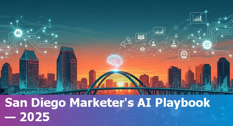 Marketing professional using AI tools with a San Diego skyline in the background — San Diego, California, US