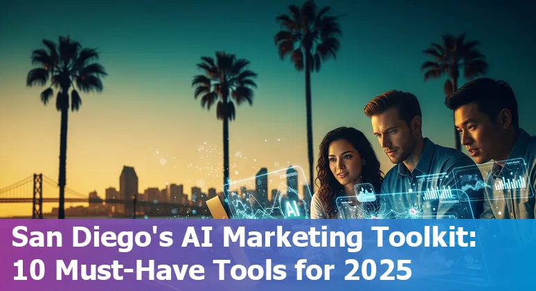 Collage of AI marketing tools icons (ChatGPT, Jasper, HubSpot, Hootsuite, Looker, Persado, Improvado, Synthesia, Selligent, Weights & Biases) over San Diego skyline.