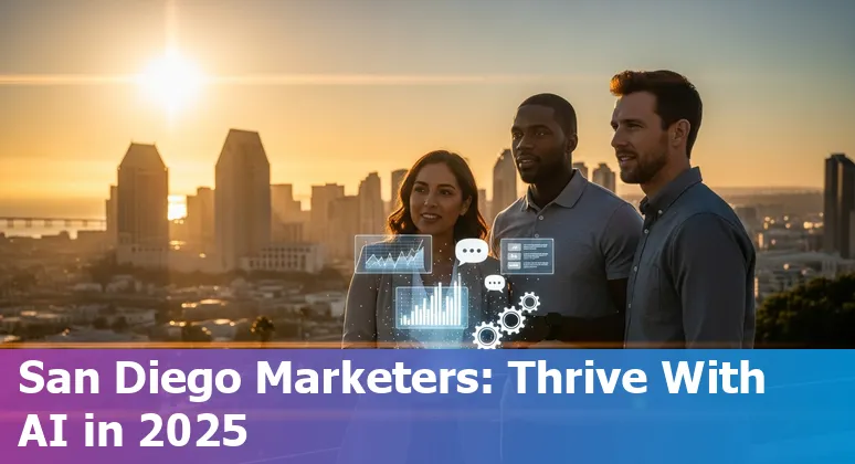 San Diego marketing team using AI tools on laptops with San Diego skyline, California in background
