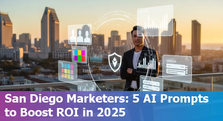 San Diego marketer using AI prompts on a laptop with city skyline and NeurIPS banner in background.