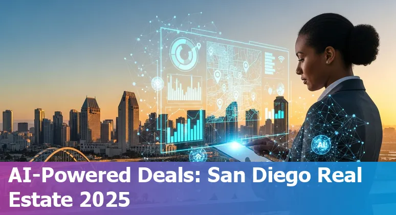San Diego, California real estate agent using AI tools on a laptop with San Diego skyline in the background