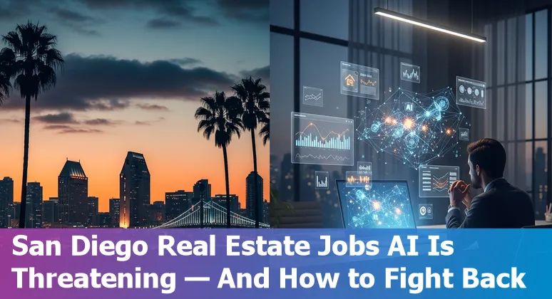 San Diego skyline with real estate icons and AI automation overlays