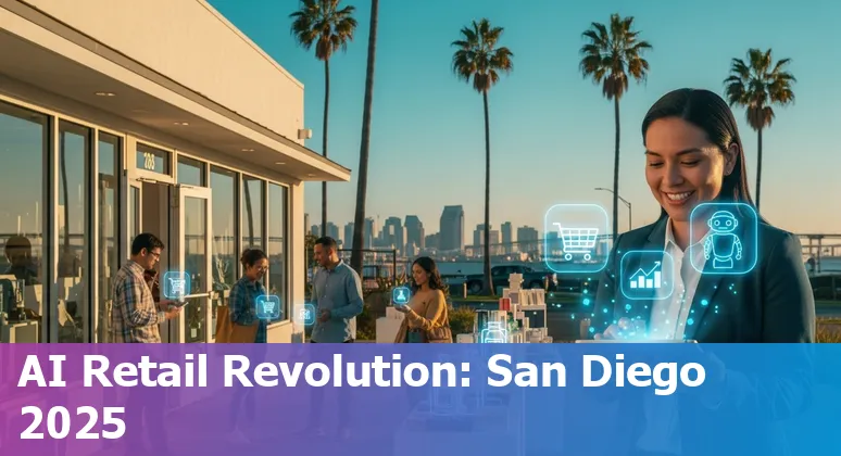 San Diego, California retail storefront with AI icons overlay representing AI in retail in 2025