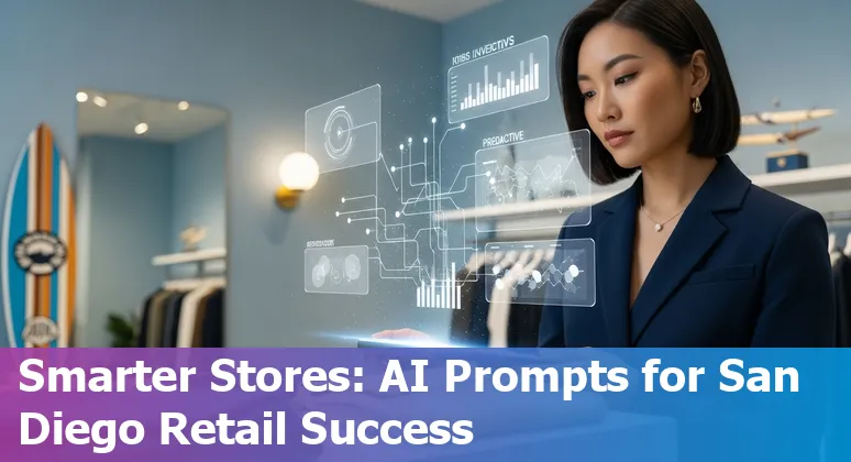 San Diego retail storefront with AI icons showing recommendations, inventory charts, and marketing visuals