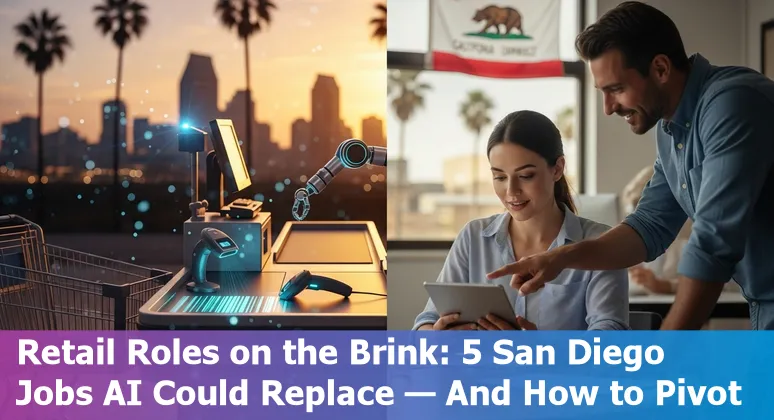 San Diego retail worker using a tablet while AI icons and retail shelves are overlaid.