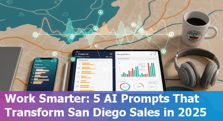 Sales professional using AI prompts on laptop with San Diego skyline in background