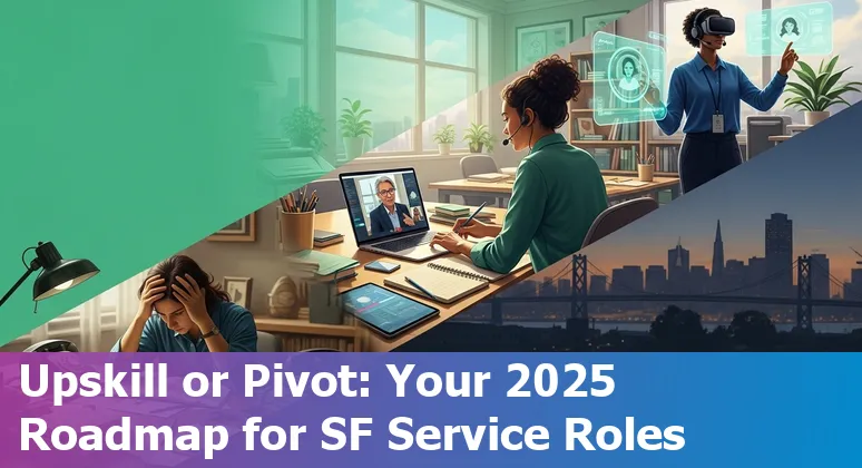 Customer service rep using AI tools in San Francisco, California skyline in background