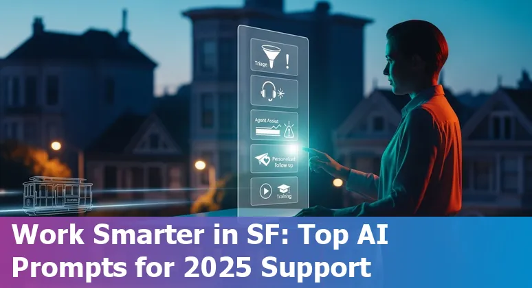 Customer service agent using AI prompts on a laptop with San Francisco skyline in the background