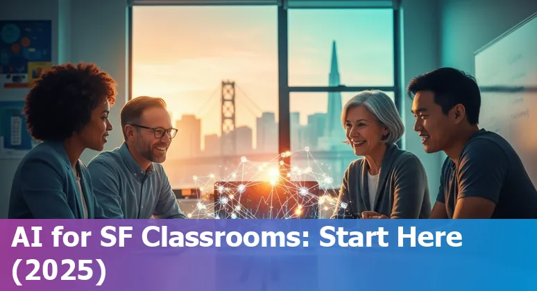 Educators exploring AI tools at a San Francisco, California workshop in 2025, with Fort Mason and tech hubs in the background.