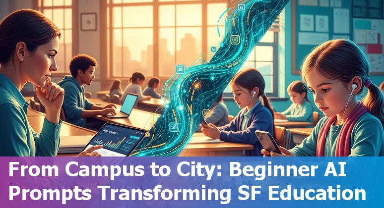 Illustration of educators using AI tools like ChatGPT, Khanmigo, Gradescope in a San Francisco classroom with the city skyline.