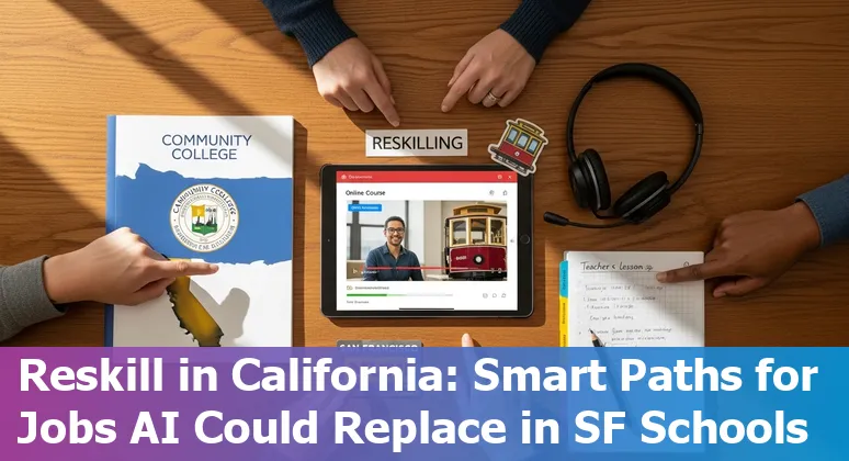 Illustration of San Francisco teachers and administrators using AI tools like Brisk and Workday to adapt roles