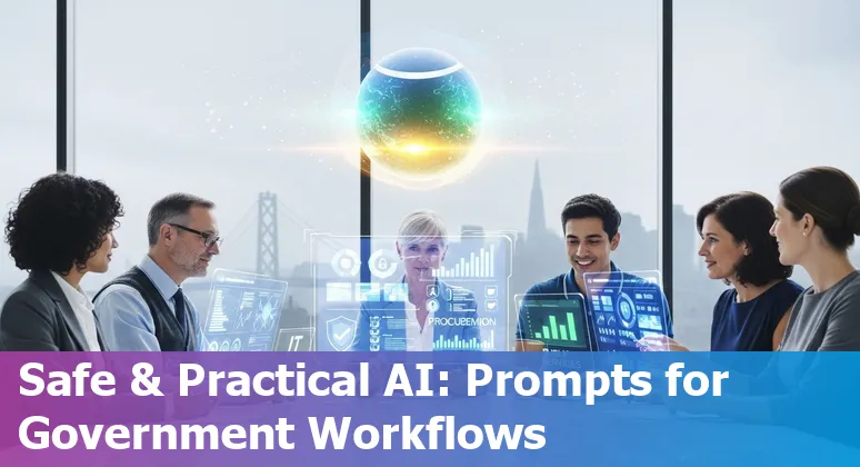 City hall with AI icons overlay: prompts for legal, IT, procurement, and citizen services in San Francisco government.
