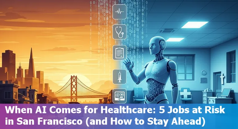 Healthcare workers using AI tools in a San Francisco clinic, laptops showing AI dashboards and scheduling apps.