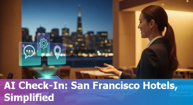 Hotel lobby with AI-enabled check-in kiosk in San Francisco, California — AI in hospitality 2025