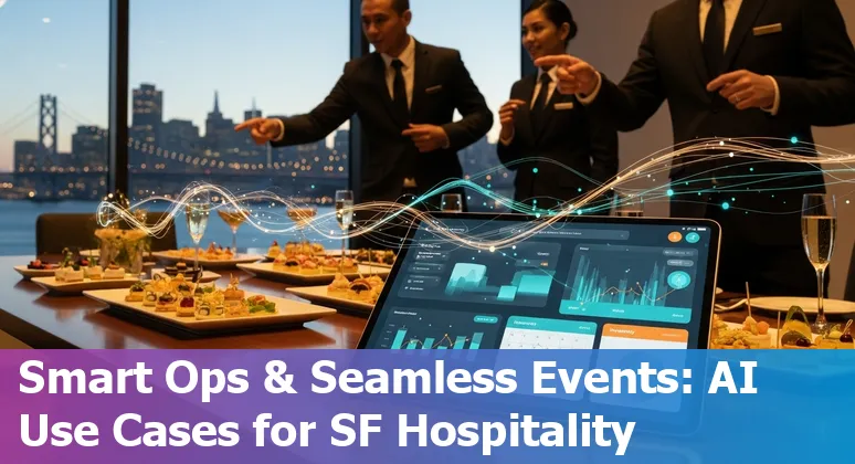 Hotel front desk using AI-powered dashboard with San Francisco skyline visible through window.