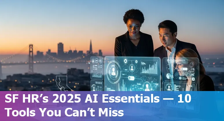 Collage of HR professionals in San Francisco using AI HR tools like Lattice, Eightfold, Paradox and Payscale on laptops and dashboards.