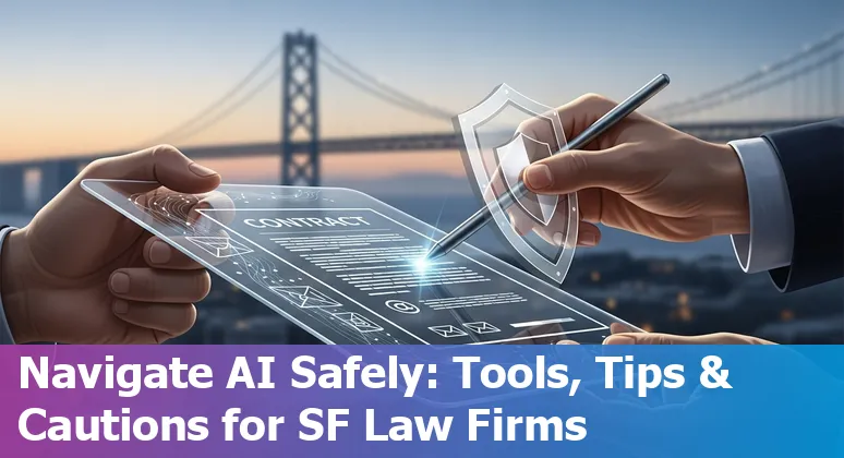 Lawyer at a San Francisco desk using AI legal tools on a laptop with the Bay Bridge in the background