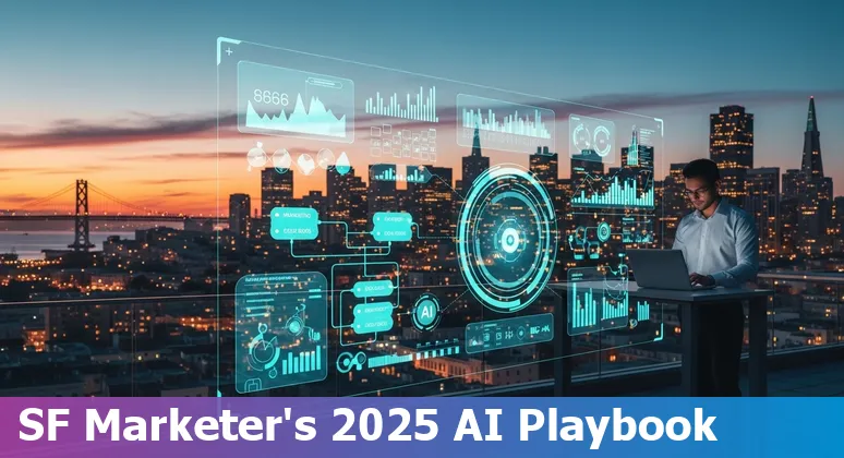 Marketing team using AI tools in San Francisco, CA skyline visible, 2025 guide image