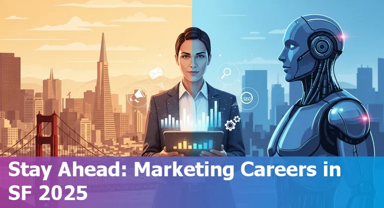 San Francisco skyline with AI marketing icons — illustration about AI replacing marketing jobs in San Francisco, California