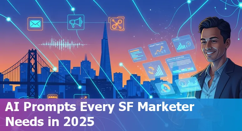 San Francisco marketer using AI prompts on a laptop with Golden Gate Bridge in background