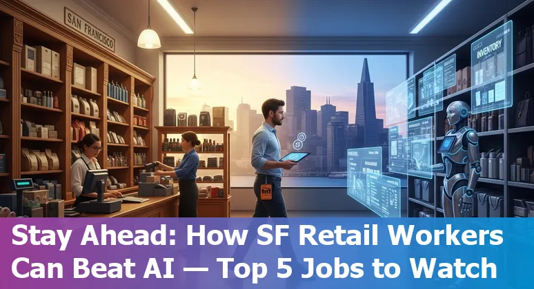 Retail worker adapting to AI tools in a San Francisco store with automated checkout and inventory robots.