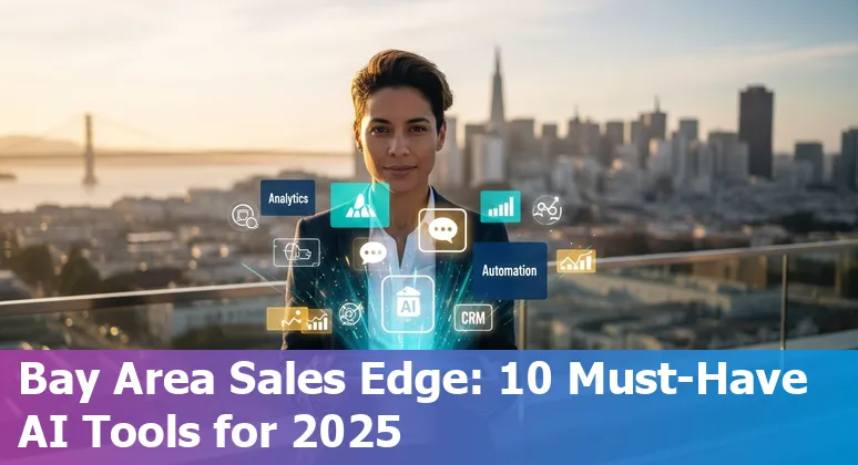 Sales professional using AI tools on laptop with San Francisco skyline in background, icons for Salesforce, Microsoft, HubSpot, Gong, Outreach.