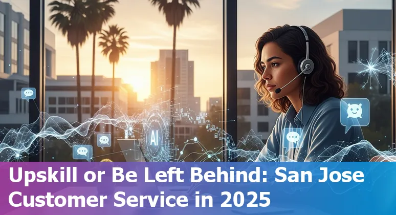 Customer service worker using AI tools in San Jose, California skyline background