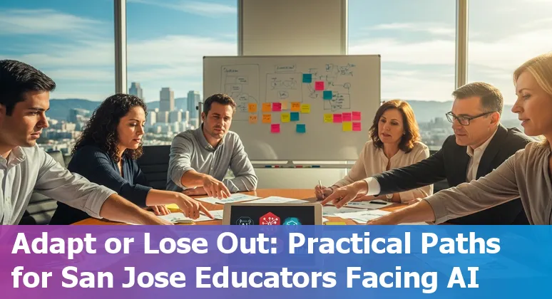 Educators in San Jose discussing AI tools with a city skyline in the background