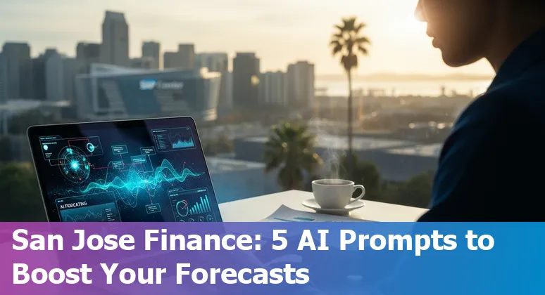 Finance professional in San Jose using AI prompts on a laptop showing charts and tables.