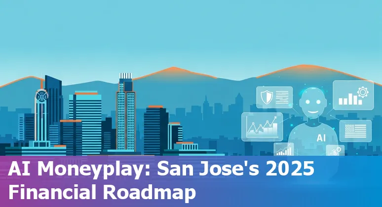 Illustration of AI in financial services with San Jose, California skyline and 2025 tech icons
