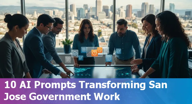 San Jose city skyline with icons for AI prompts: grant writing, dashboards, procurement, equity review, and 311 services.