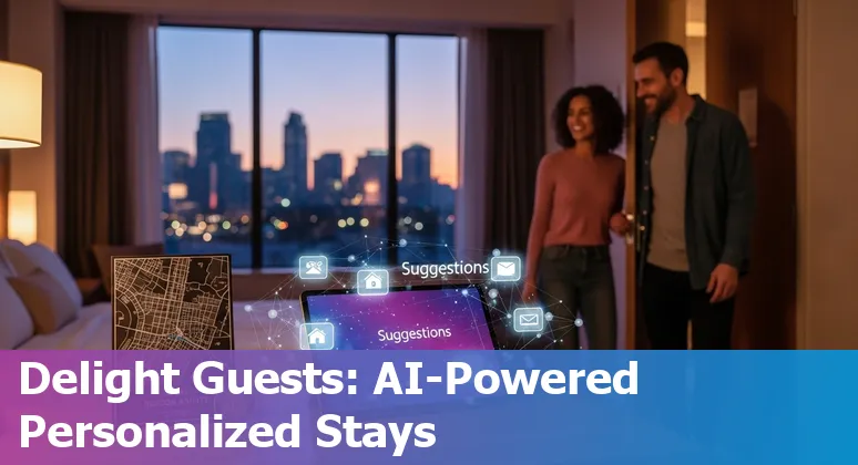 Hotel front desk with AI chatbot and San Jose skyline — icons for personalization, pricing, maintenance, and energy savings