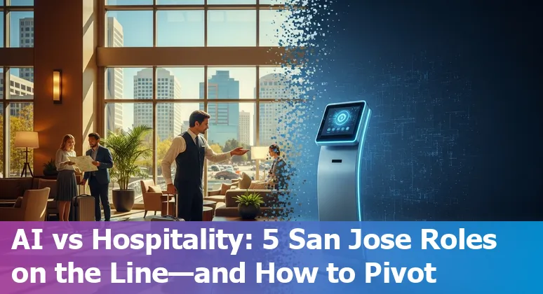 Hotel front desk agent interacting with guest while AI kiosk operates in the background in a San Jose hotel lobby