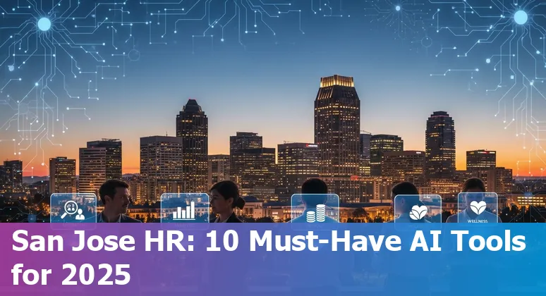 San Jose HR professional reviewing the top 10 AI tools on a laptop with Bay Area skyline in the background