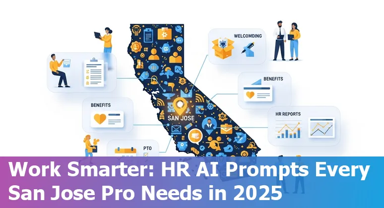 HR professional in San Jose using AI prompts on a laptop with San Jose skyline in background