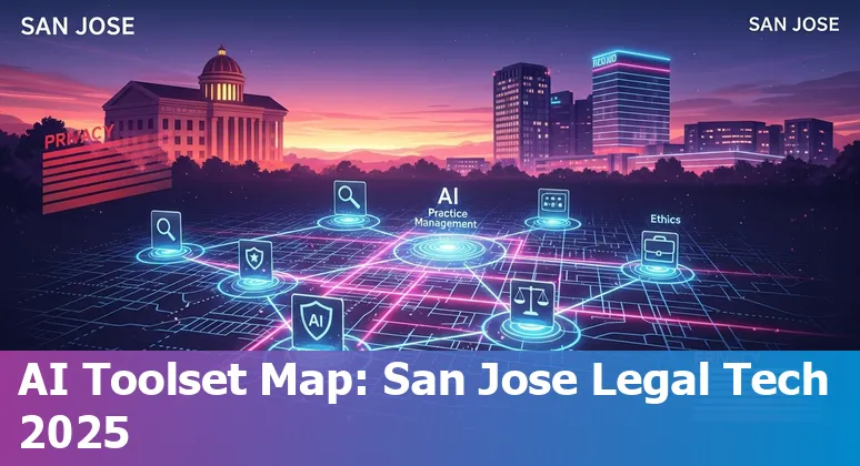 Lawyer at desk using AI tools on laptop with San Jose skyline in background, illustrating legal tech adoption.