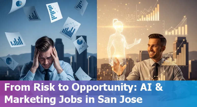 Marketer using AI tools on laptop in San Jose, California skyline background in 2025