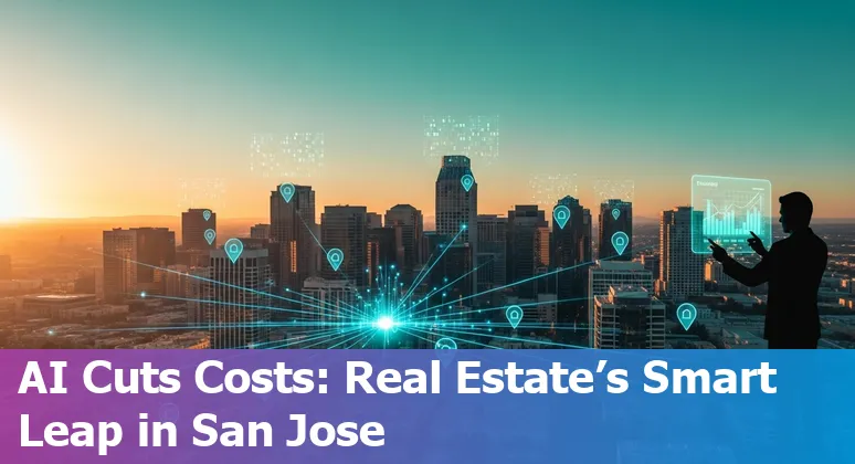 San Jose, California skyline with AI icons overlay: real estate, chatbots, and analytics