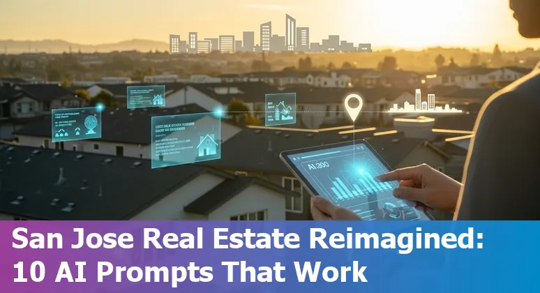 San Jose skyline with AI icons linking real estate use cases like valuation, listings, mortgages, and property management.