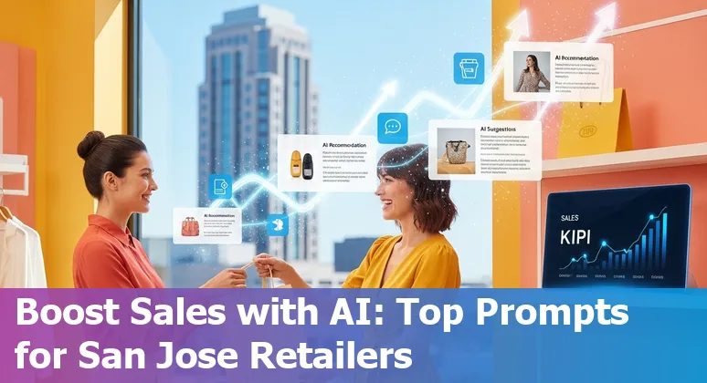 Retail team in San Jose using AI copilots on a laptop with store shelves and San Jose skyline in background.