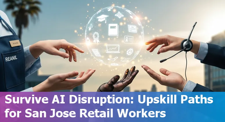 Retail worker using a tablet in a San Jose store with AI diagrams showing automation and job transitions.