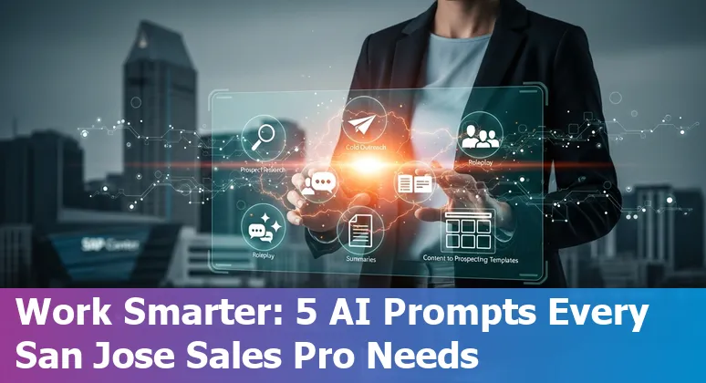 Sales professional in San Jose using AI prompts on laptop to craft outreach and summarize calls