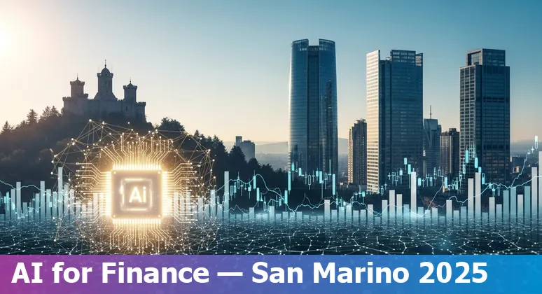 Cover image: AI and finance icons overlaid on San Marino skyline representing AI in San Marino financial services 2025