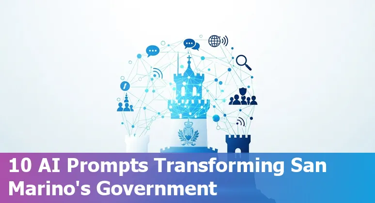 Illustration of San Marino government officials using AI tools: chatbot, social listening dashboard, translation, analytics and community engagement in Italian.