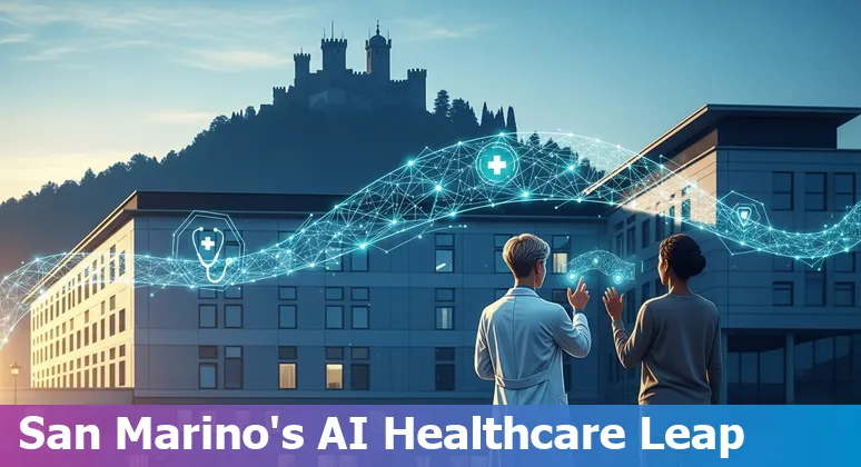 Graphic showing AI in healthcare with San Marino flag and a hospital, representing AI adoption in San Marino