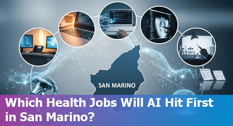 Healthcare worker learning AI tools with icons for coding, reception, radiology, lab, and pharmacy in San Marino