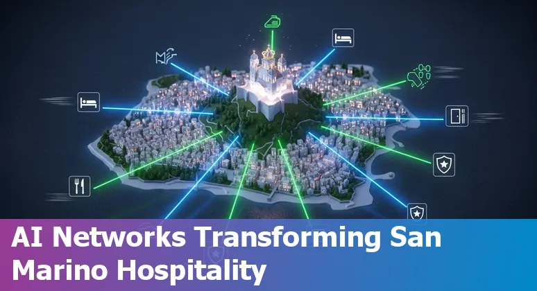 Hotel AI kiosk and staff with the San Marino cityscape in the background