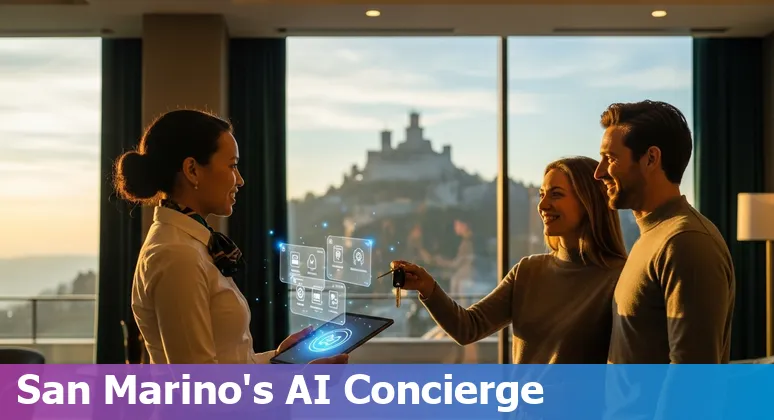 Infographic of top 10 AI use cases for hotels in San Marino including concierge, pricing, sustainability, and food-waste solutions.