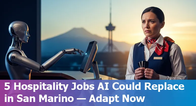 Hotel receptionist handing a guest a key card while a tablet kiosk and a housekeeping robot operate in the background, representing AI impact on hospitality in San Marino.